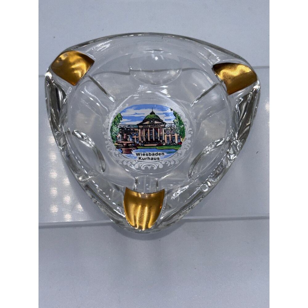 Wiesbaden Kurhaus Glass Ashtray Triangular Souvenir Gold Accents